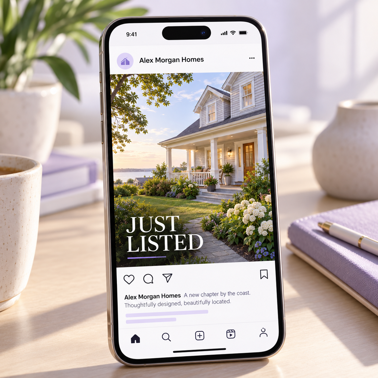 Illustrative fictional real estate social post displayed on a smartphone.